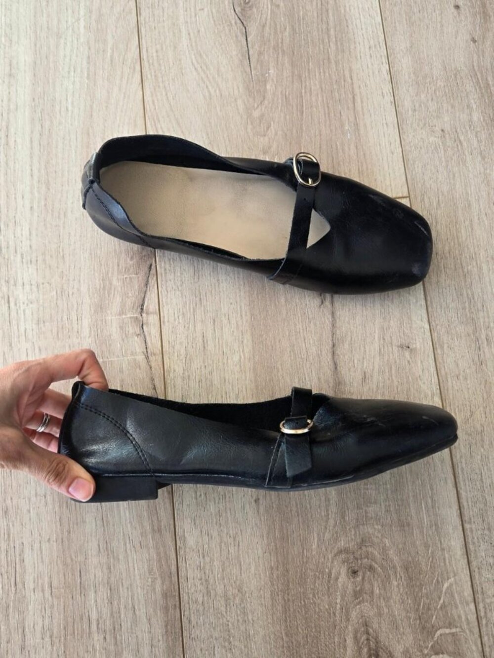 black square toe genuine leather mary jane flats - size 7